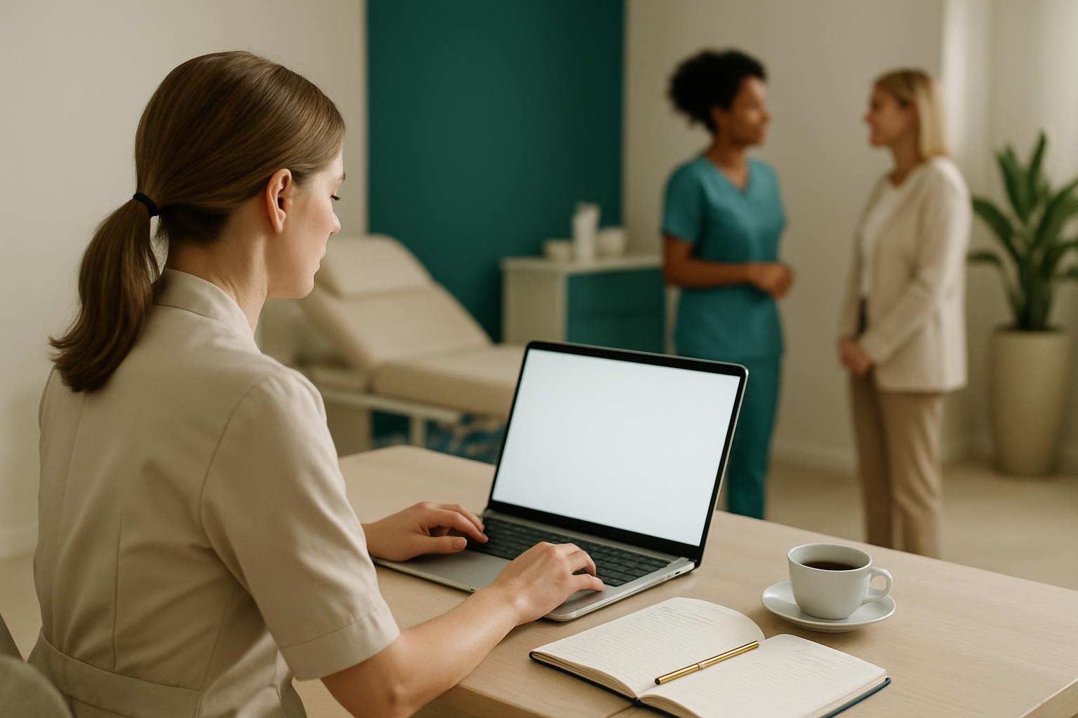 Profissional assistindo a uma aula online com caderno de anotações ao lado