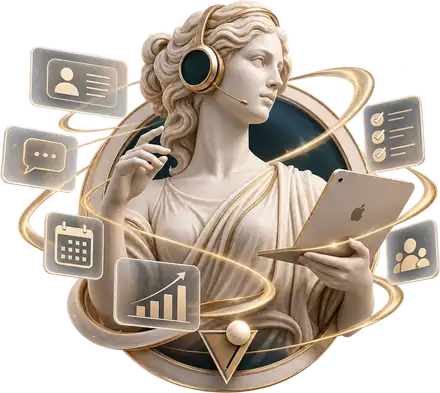 Estátua clássica com ícones de inteligência artificial, representando o Agente de IA do MBA