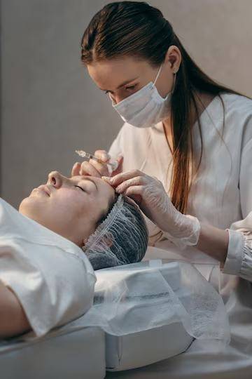 Profissional realizando procedimento facial com apoio de monitor