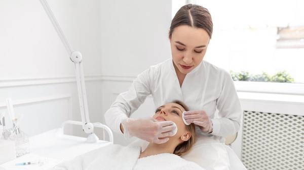 Aplicação de peeling no rosto de uma paciente