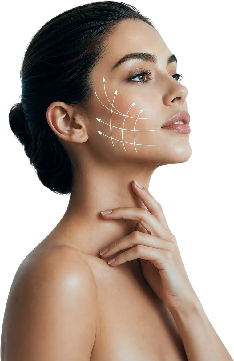 Modelo com marcações de harmonização facial