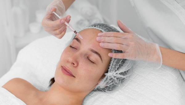 Paciente com touca recebendo atendimento facial
