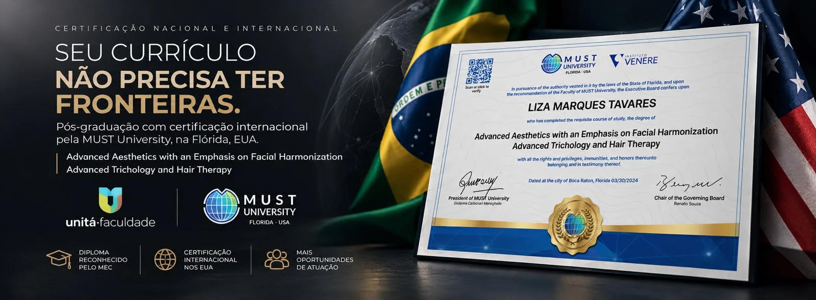 Certificado internacional da MUST University emitido em parceria com o Instituto Venere