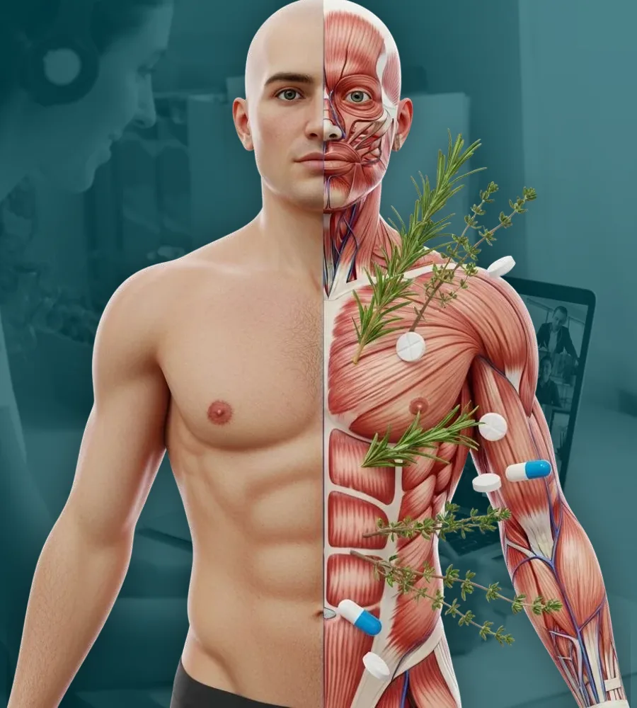 Corpo humano dividido ao meio entre pele e musculatura, com ervas medicinais e cápsulas