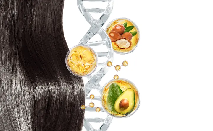 Cabelo liso e escuro com ilustração de DNA e óleos