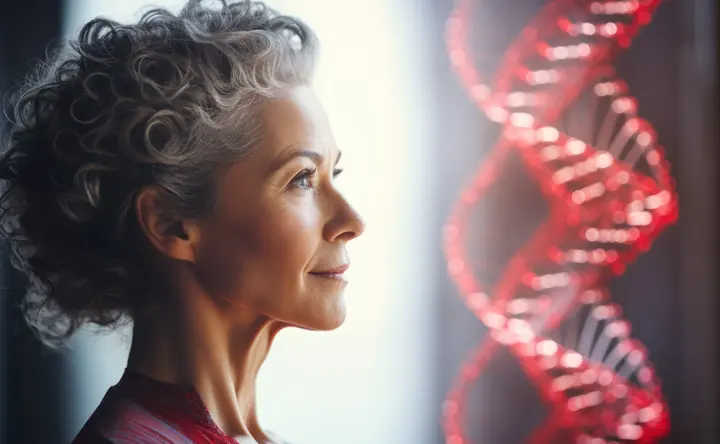 Mulher grisalha de perfil com hélice de DNA ao fundo