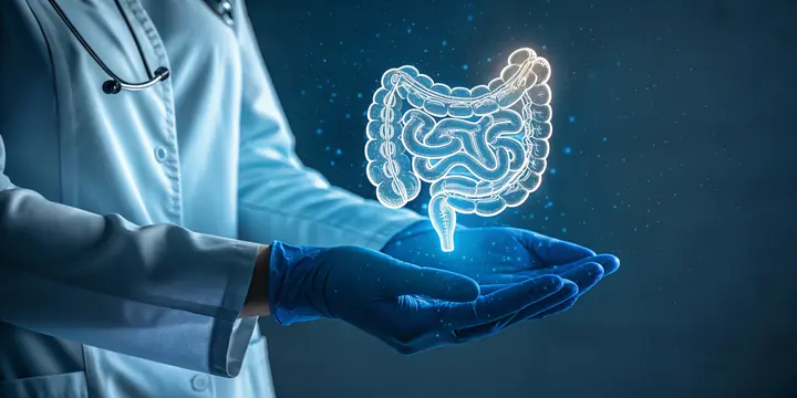 Mão enluvada segurando ilustração do intestino