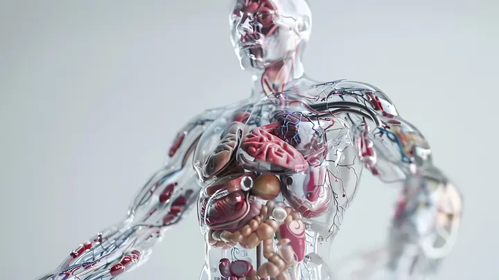 Corpo humano translúcido com órgãos