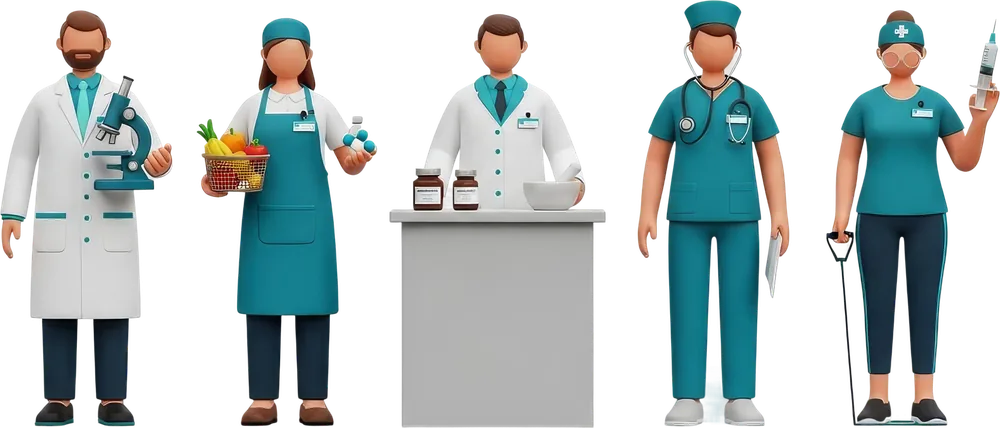 Ilustração de profissionais da saúde: biomédica, nutricionista, farmacêutico, enfermeiros e fisioterapeuta