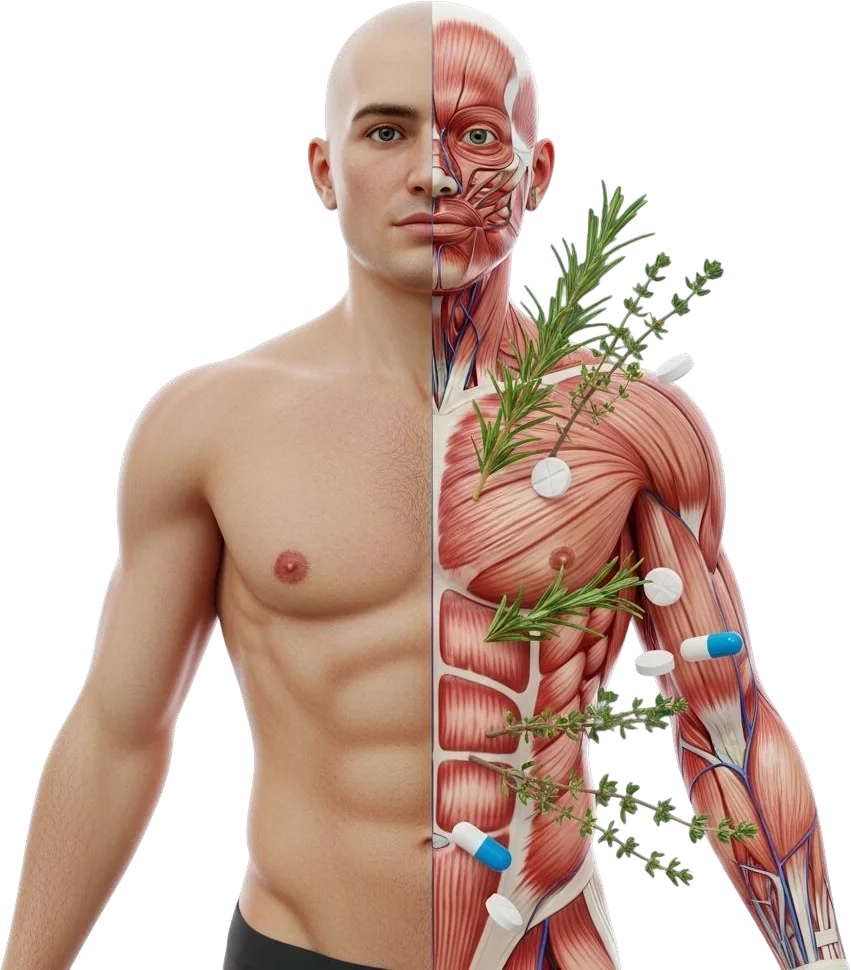 Corpo humano entre pele e musculatura, com ervas medicinais
