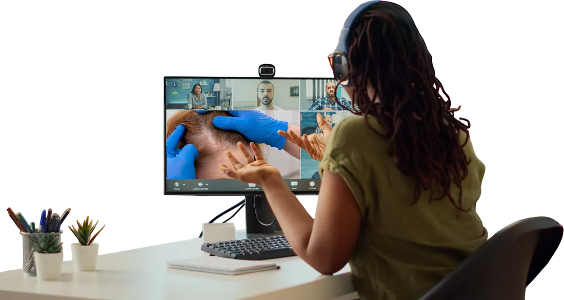 Aluna acompanhando uma aula ao vivo de tricoscopia pelo computador